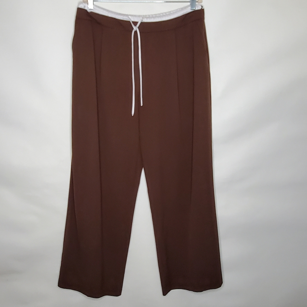 Zara Wide Leg Hi-Rise Pants Size XL Brown Satin Effect Waistband Trousers Casual - Picture 12 of 13